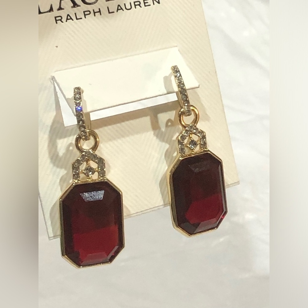 Lauren Ralph Lauren ruby red emerald gemstone‎ pave dangling earrings new
